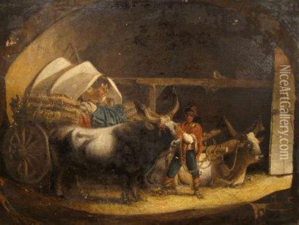 Peasant Figure Preparing Oxon To Draw A Laden Cart With Small Dog ,within A Barn, Watched From A Beam By A Seated Cat And Anowl. Oil Painting - Charles Caryl Coleman