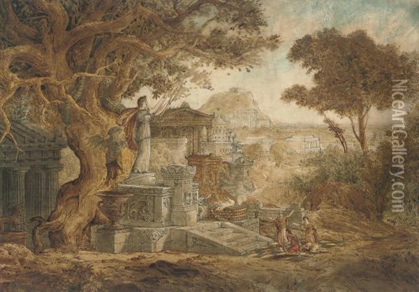 Five Classical Figures Worshipping At An Altar In A Landscape Oil Painting - Joseph Michael Gandy
