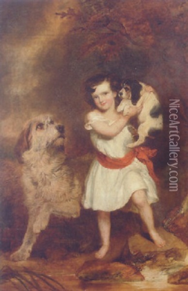 A Young Boy Holding A Puppy With A Dog Beside Him, By A Stream In A Rocky Landscape Oil Painting - Richard Buckner