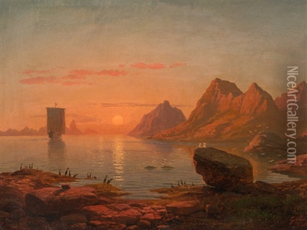 Sunset At Fjord Oil Painting - Georg Eduard Otto Saal