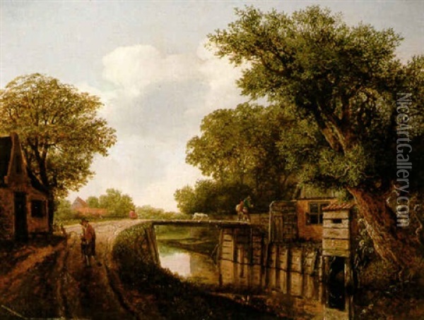 Landscape With Trees By A River And Figures On A Wooden Bridge Oil Painting - Cornelis Gerritsz Decker