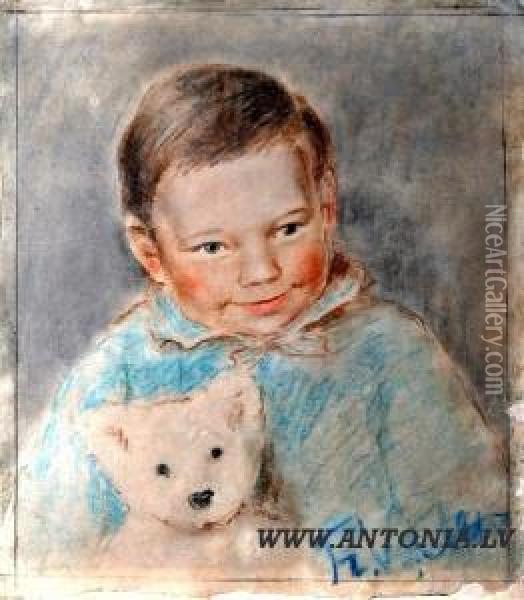 Children's Portrait With Play Bear Oil Painting - Francisk Varslavans