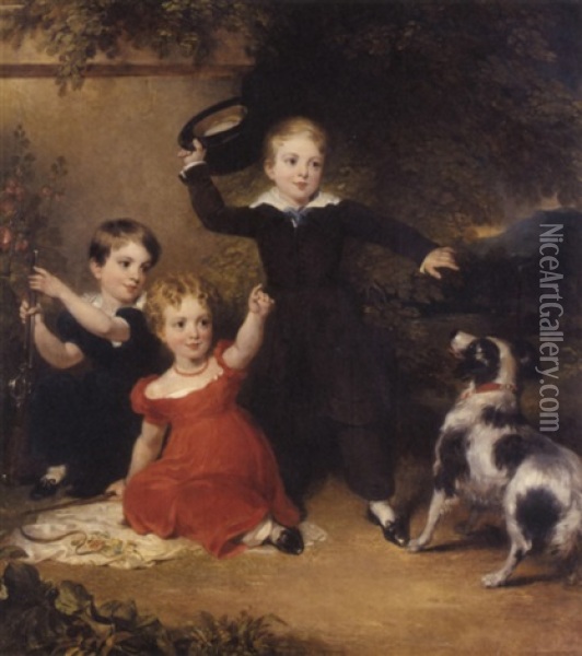 Portrait Of Three Children In A Landscape With A Dog, One Boy Standing With His Right Hand Raised And Holding A Hat, The Girl Seated Wearing A Red Dress And Holding A Toy Whip, The Second Boy Kneeling Oil Painting - John Wood