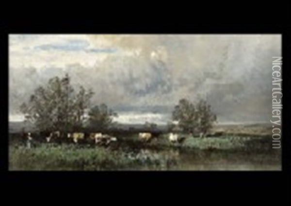 Troupeau Au Bord D'un Etang Oil Painting - Eugene Ciceri
