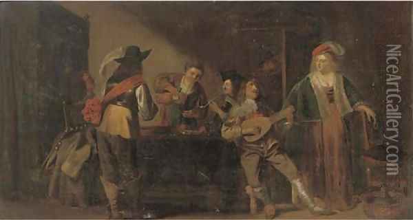 Elegant company drinking, smoking and making music in an interior Oil Painting - Christoffel Jacobsz van der Lamen