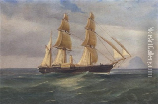 A British Naval Paddle Sail Steam Ship Off Stromboli Oil Painting - Tommaso de Simone