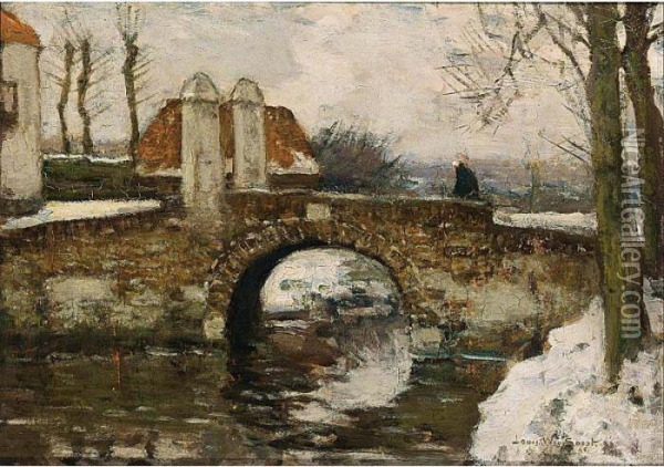 A Figure On A Bridge In A Winter Landscape, Laag Soeren Oil Painting - Louis Willem Van Soest
