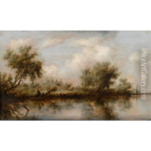 Landscape With River And Figures On Bank Oil Painting - Salomon van Ruysdael