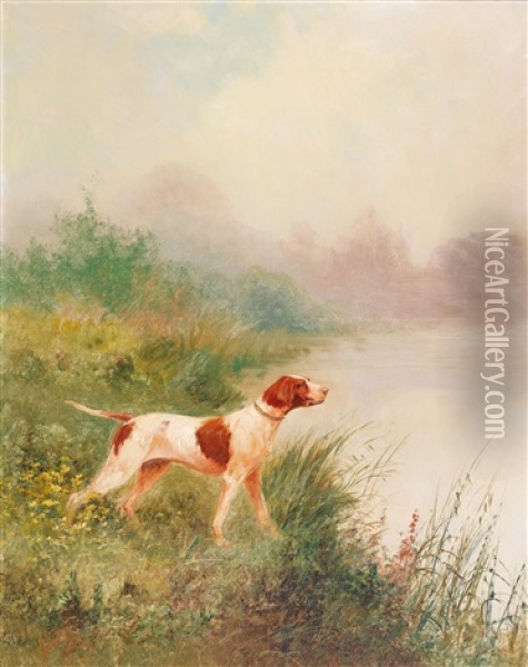 Gun Dog By The Pond Oil Painting - Emile Godchaux