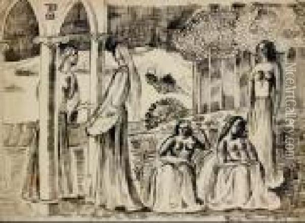 Scenes Avec Cinq Femmes Dans Un Paysage Avec Colonnade Gothique Oil Painting - Emile Bernard