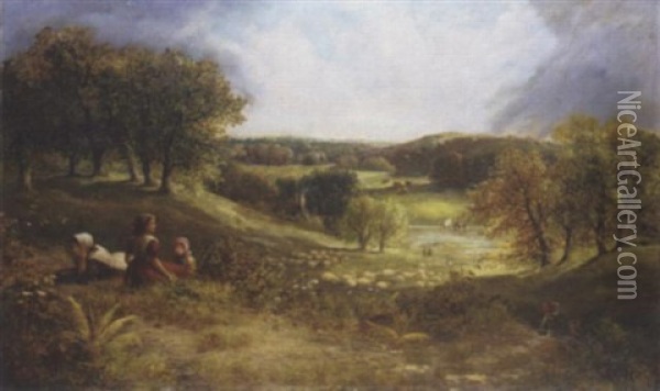 Children Playing On A Hillside Oil Painting - Joseph Denovan Adam
