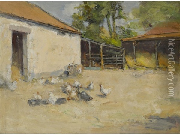 Hens Outside A Barn, Ceres, Scotland Oil Painting - Robert D. Cairns