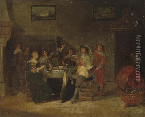 An Elegant Company Making Merry In An Interior Oil Painting - Hieronymus Janssens