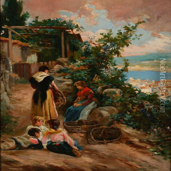Women And Children On A Mountain Road Oil Painting - Arjona Ramirez