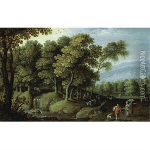 A Clearing In A Forest With Cattle Watering At A Pool And Peasants On A Road In The Foreground Oil Painting - Marten Ryckaert