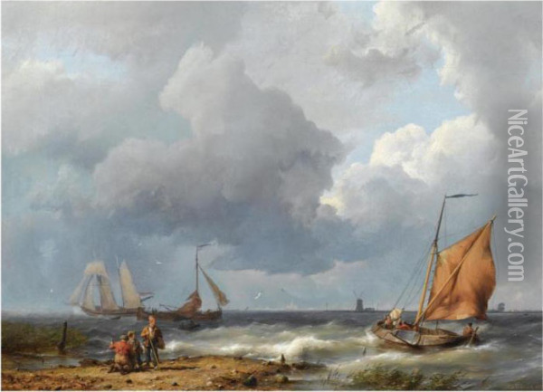 Shipping Off The Coast In Stormy Weather Oil Painting - Hermanus Koekkoek