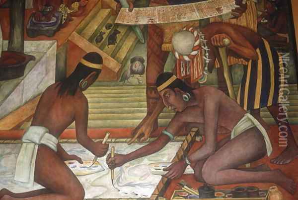 Painting Textiles, detail from The Tarascan Civilisation, 1942 Oil Painting - Diego Rivera