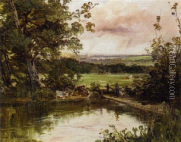 At The Ford Oil Painting - James B. Dalziel