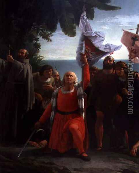 The First Disembarkation of Christopher Columbus in America, detail of Christopher Columbus 1451-1206 giving thanks, 1862 Oil Painting - Dioscoro Teofilo de la Puebla Tolin