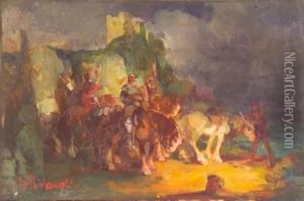 Cavalieri Sotto La Rocca Oil Painting - Giuseppe Rivaroli