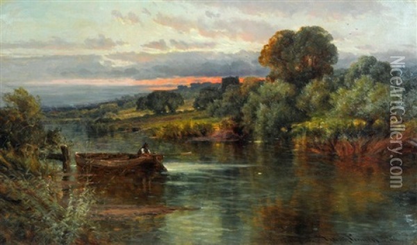 River Scene At Dusk With Boat And Figure Oil Painting - Harry Pennell