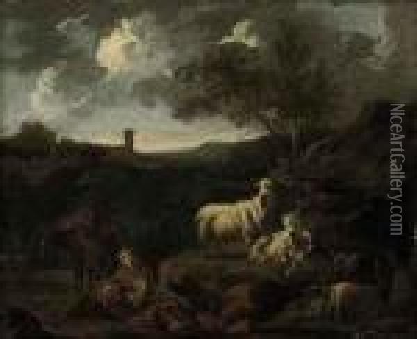 An Italianate Landscape With Shepherds And Goats Resting On Apath Oil Painting - Philipp Peter Roos