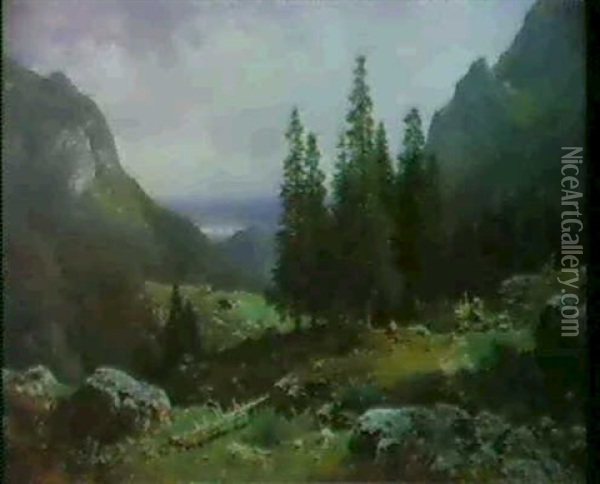 Almlandschaft Mit Blick Auf Den Chiemsee Oil Painting - Ludwig Sckell