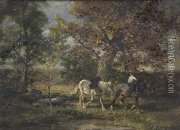 Horses In Landscape Oil Painting - Emile Jacque