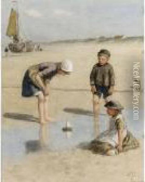 Children Playing On The Beach Oil Painting - David Adolf Constant Artz