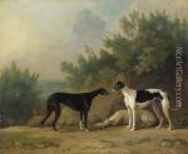 Three Greyhounds In An Extensive Landscape Oil Painting - Sawrey Gilpin