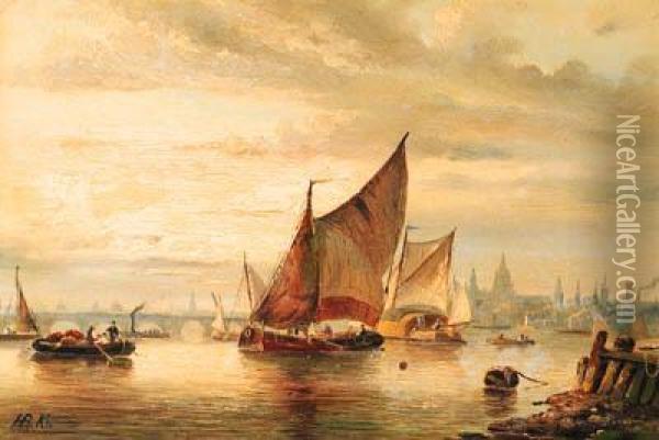 A View Of London With Various 
Shipping On The Thames At Dusk; Acalm With Moored Sailing Barges Along A
 Jetty Oil Painting - Hendrik Pieter Koekkoek