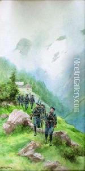 Chasseurs Alpins En Montagne Oil Painting - Pierre Comba