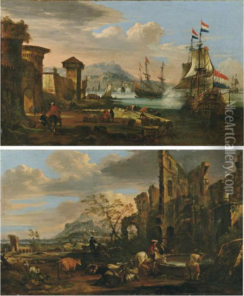 Veduta Marina Con Porto Fortificato E Galeoni All'approdo Oil Painting - Johann Eismann