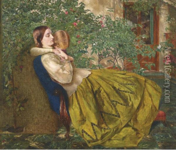 Two Girls In A Conservatory Oil Painting - School Pre-Raphaelite