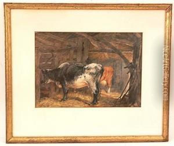 An Interior Scene With Cows Oil Painting - Henry Brittan Willis