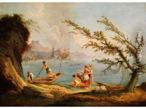 Fischer Und Frauen Am Ufer Der Bucht Vongenua Oil Painting - Carlo Bonavia