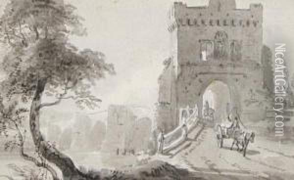 Bridge And Gatehouse With Figures Oil Painting - Paul Sandby