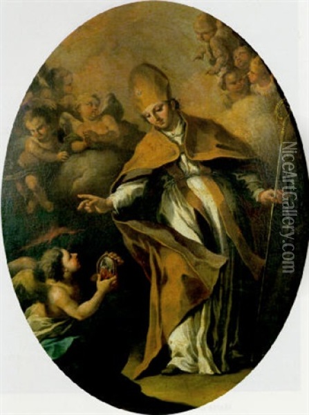 St. Januarius With An Angel Holding A Phial Oil Painting - Lorenzo De Caro