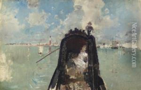 Woman In A Gondola With San Giorgio Maggiore In The Background (in The Gondola) Oil Painting - Robert Frederick Blum