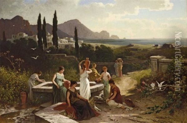 Frauen Am Brunnen In Italienischer Landschaft Oil Painting - Friedrich Wilhelm Albert Dressler
