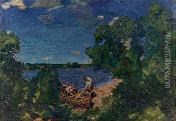 Pescatori Sul Lago - 1928 Oil Painting - Grigory Mikhailovich Bobrovsky
