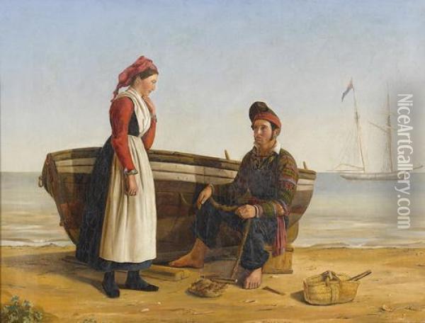 Strandpartie Mit Fischer Und Frau Oil Painting - Louis-Leopold Robert
