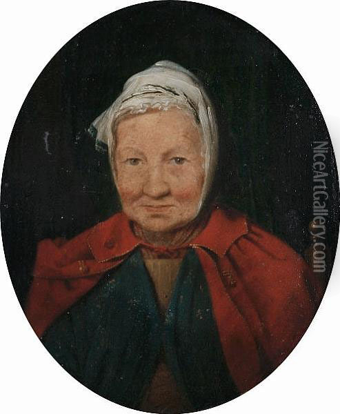 Portrait Of An Elderly Lady, 
Bust-length, In A Blue Dress With A Red Cape And A White Lace Cap Oil Painting - Benjamin West