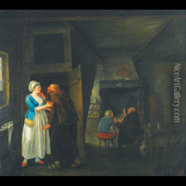 Tavern Interior With A Maiden And Monk In Discussion To Thefore Oil Painting - Jan Steen