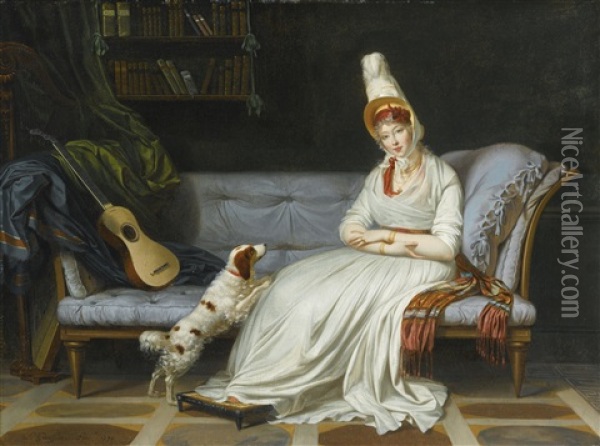 Portrait Of Elizabeth, Lady Webster, Later Lady Holland, Seated Full-length, In A White Dress And Feathered Hat, With Her Spaniel Pierrot, On A 'chaise-longue,' With A Guitar, In An Interior Oil Painting - Louis Gauffier