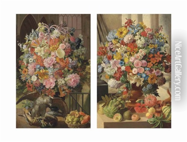 A Pair Of Flower Still Lifes Oil Painting - Leopold von Stoll