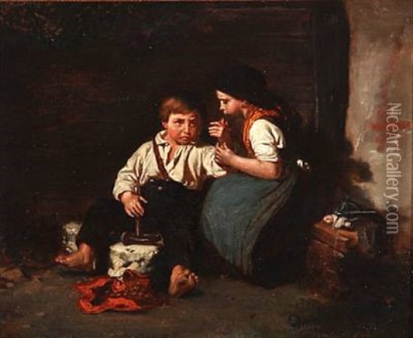 A Boy Has Hit Himself With A Hammer And Is Comforted By A Girl Oil Painting - Auguste Johan Frederik Carl Lorange
