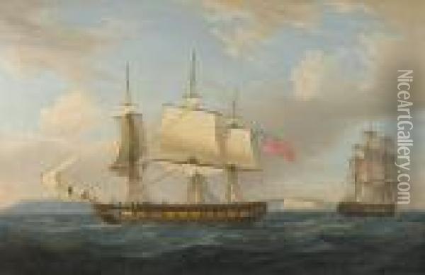 The Fully-rigged Merchantman 'minerva' In Two Positions Off Dover Oil Painting - Thomas Luny