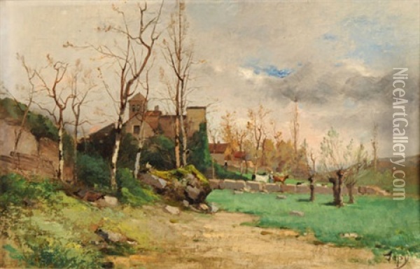 Landschaft Mit Bauernhaus Und Weidenden Kuhen Oil Painting - Louis Aime Japy