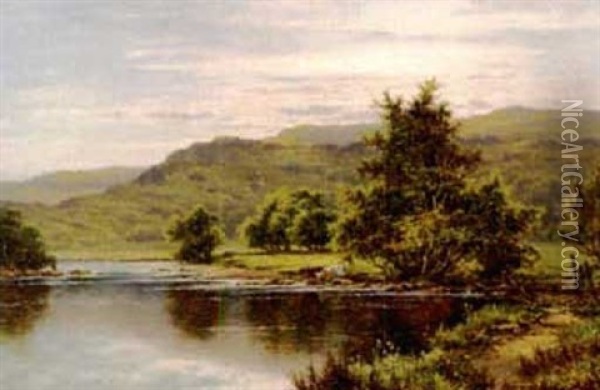 Cattle Watering On A Riverbank Oil Painting - Henry H. Parker